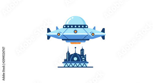 Futuristic spaceship hovering above castle.