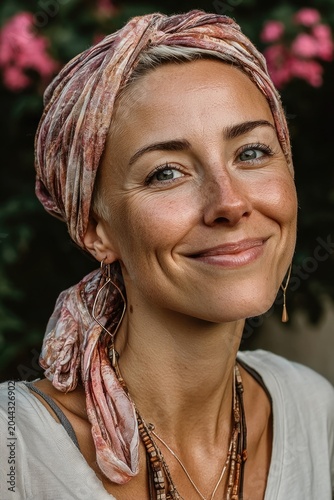 Smiling mature woman wearing patterned headscarf in garden