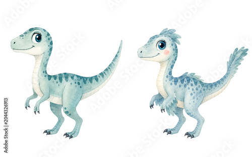Cute Watercolor Blue Baby Velociraptor Dinosaur Illustration Set