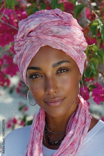 Confident Black woman with pink headscarf in flower garden