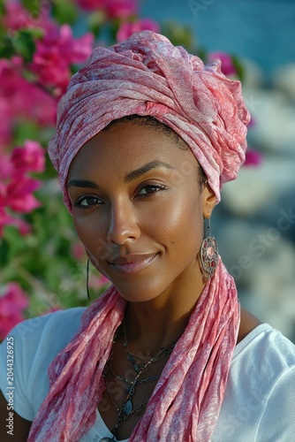 Confident Black woman wearing pink headscarf outdoors