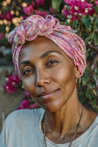 Confident Black woman wearing pink headscarf in flower garden