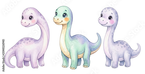 Cute Watercolor Baby Brontosaurus Dinosaurs Clipart Set