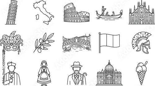 Quadro em tela Italy Landmark and Culture Outline Icon Set Featuring Pisa Colosseum Gondola Map