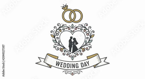 Wedding rings above a heart with a couple, enclosed in floral design, with banner below