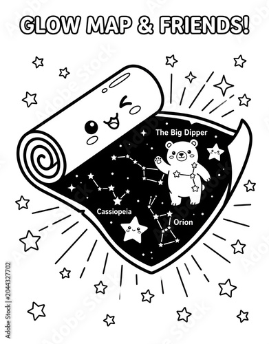 Cute star map mascot showing constellations with a bear, astronomy science cartoon outline illustration for kids coloring book.