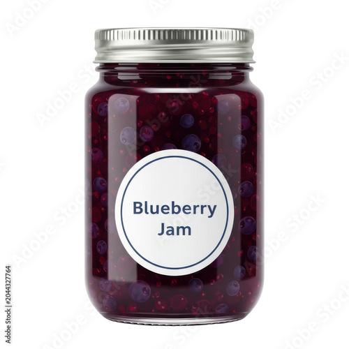 Glass jar filled with homemade blueberry jam and a silver lid isolated on white background