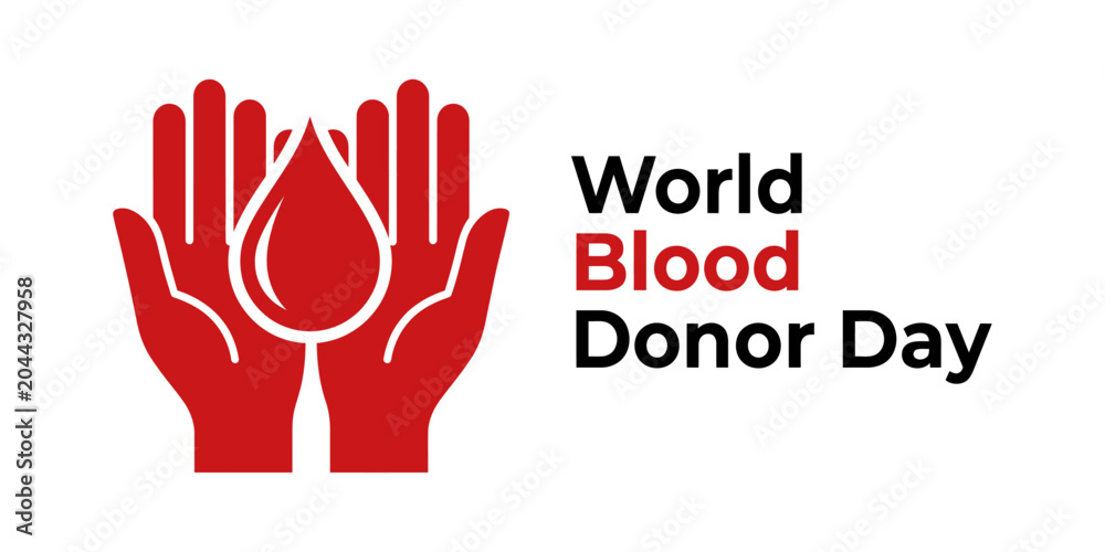 Obraz premium World Blood Donor Day vector illustration with two open red hands holding a blood drop on white background