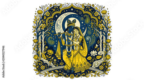 Divine Couple Krishna Radha Embrace, Playing Flute Under Moonlit Sky, Indian Art