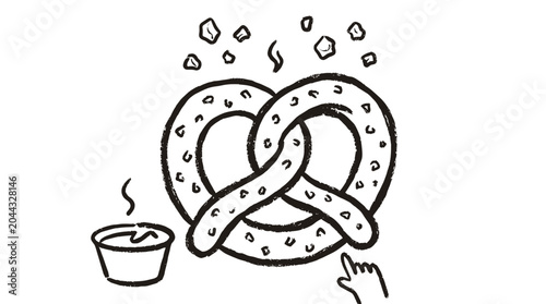 Bild auf Leinwand German Soft Pretzel with Coarse Salt and Dipping Sauce Hand Drawn Doodle Illustr