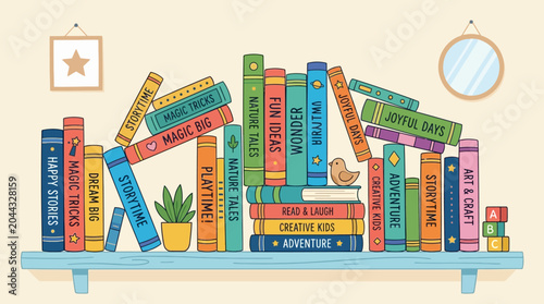 Foto Colorful bookshelf with falling books and decorations.