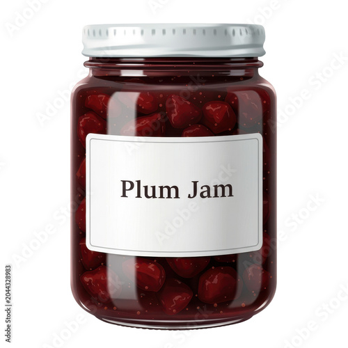 Jar of delicious plum jam with white label and lid isolated on white background