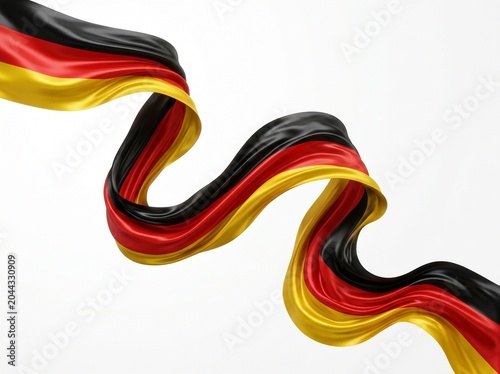 Glossy flowing silk ribbon with vibrant red, black, and yellow stripes in elegant curve