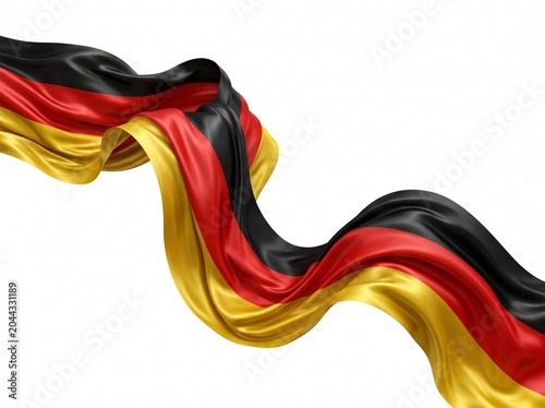Glossy flowing silk ribbon with vibrant red, black and yellow waves in abstract motion