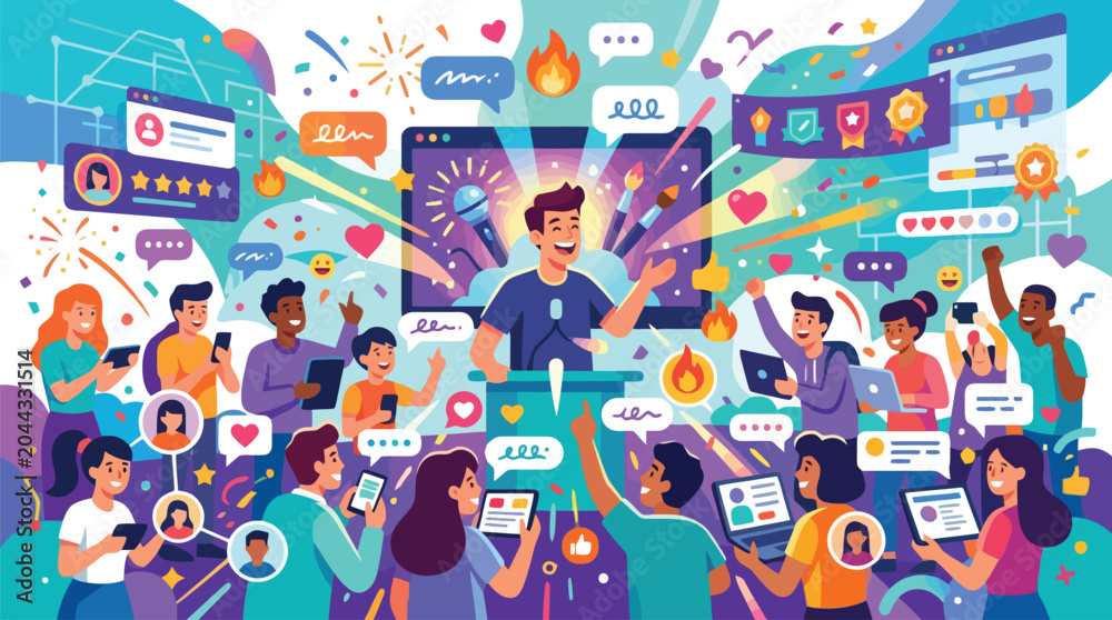 Fototapeta premium Vibrant digital content creator illustration, social media influencer streaming to audience, viral marketing and online community engagement vector