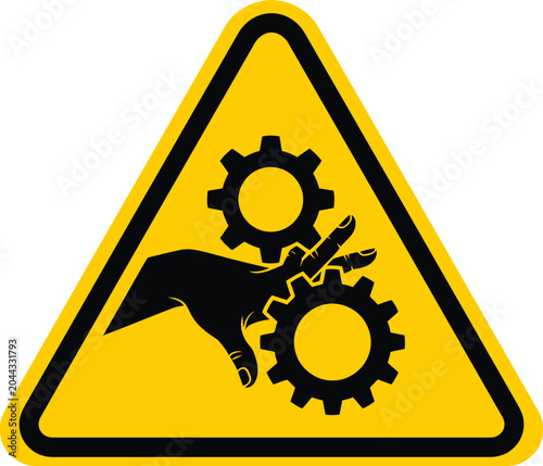 Fotografija Industrial safety warning sign hand entrapment hazard with rotating gears illust