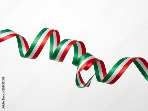 Flowing satin ribbon wave in red and green on white background minimal design