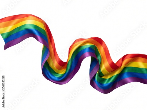 Vibrant Rainbow Satin Ribbon Curving in Elegant Wave on White Background