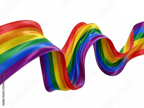 Colorful satin ribbon wave pattern in vibrant rainbow gradient on white background