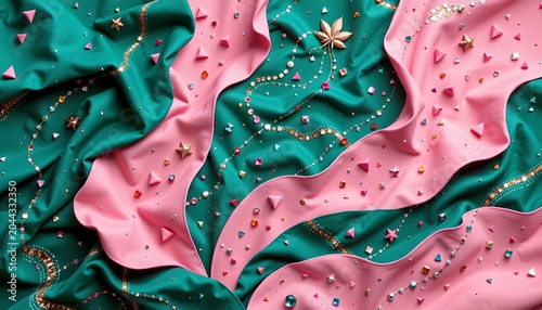 A close up of a textured fabric with a blend of pinks, greens, and teals, adorned with glittering confetti elements that give it a festive appearance.