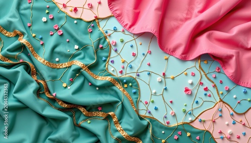 A creatively designed fabric with a blend of vibrant colors and intricate patterns. The predominant hues include teal, pink, and gold foil accents, which contribute to a luxurious and festive feel