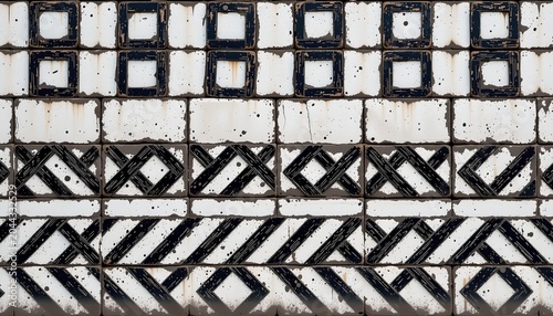 An artistic photograph of rusted metal with geometric patterns and shapes, creating an abstract design.