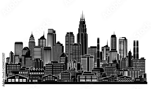 Billede på lærred Black and white city skyline with skyscrapers and industrial buildings vector il