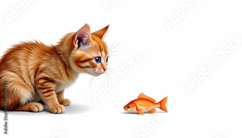 A kitten observes a small fish in a studio setting, with both characters poised near each other.