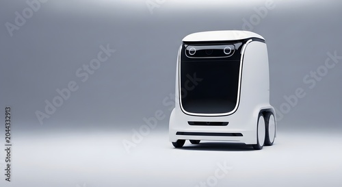 A sleek white autonomous delivery robot with black accents on a gray background