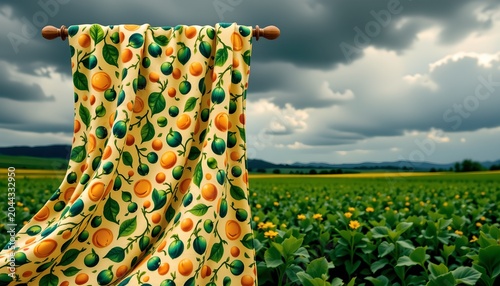 A brightly colored, fruit themed fabric stands out against a backdrop of a cloudy sky above a verdant field.