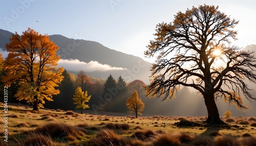 A serene scene of a field with short grass, dotted with trees that display autumn colors. Dominating the center of the image is an old tree, its trunk twisted as if by nature's artistry