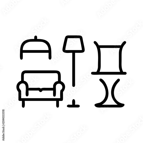 Set of furniture icons including sofa, floor lamp, and chair