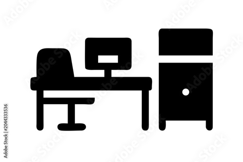 Minimalist office workspace icon with desk, computer, and storage cabinet