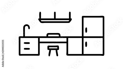Kitchen interior icon with sink, stove, refrigerator and stool