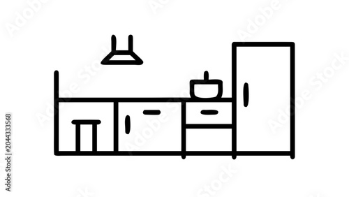Simple line drawing of a kitchen interior with appliances and furniture