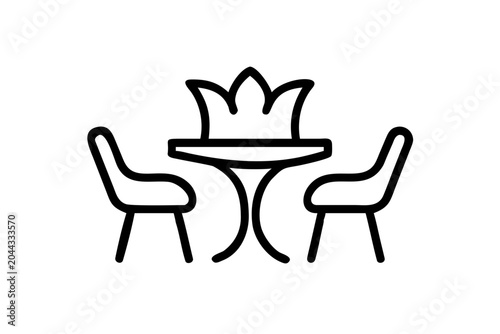 Minimalist line icon of a dining table with two chairs and a plant