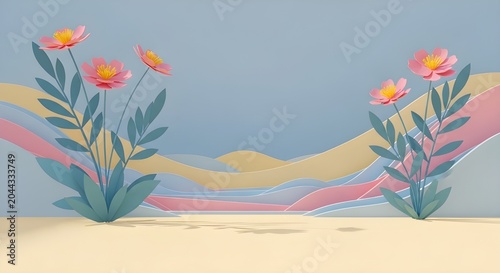 Beautiful pink flowers arranged on a soft pastel background with layered paper craft style shapes