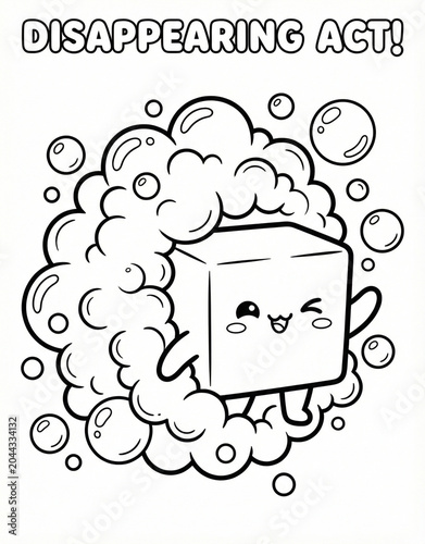 Cute dry ice cube mascot performing a disappearing act with smoke, chemistry science cartoon outline illustration for kids coloring book.