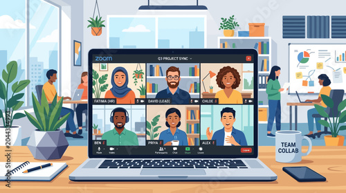 A diverse team of business people, including a businessman and businesswoman, work together using laptop computers and digital technology during an online virtual meeting in a modern office