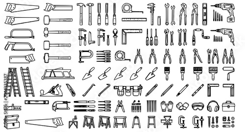 Cuadro en lienzo Hand tools collection sketch wrenches saws screwdrivers hammers and more black a