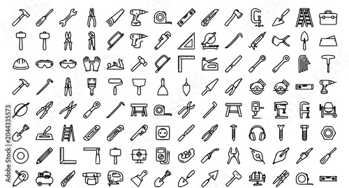 Fotografía Hand tool collection black and white line art for diy projects and home improvem
