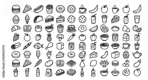 Foto Doodle food collection hand drawn style icons for nutrition restaurant and dieta