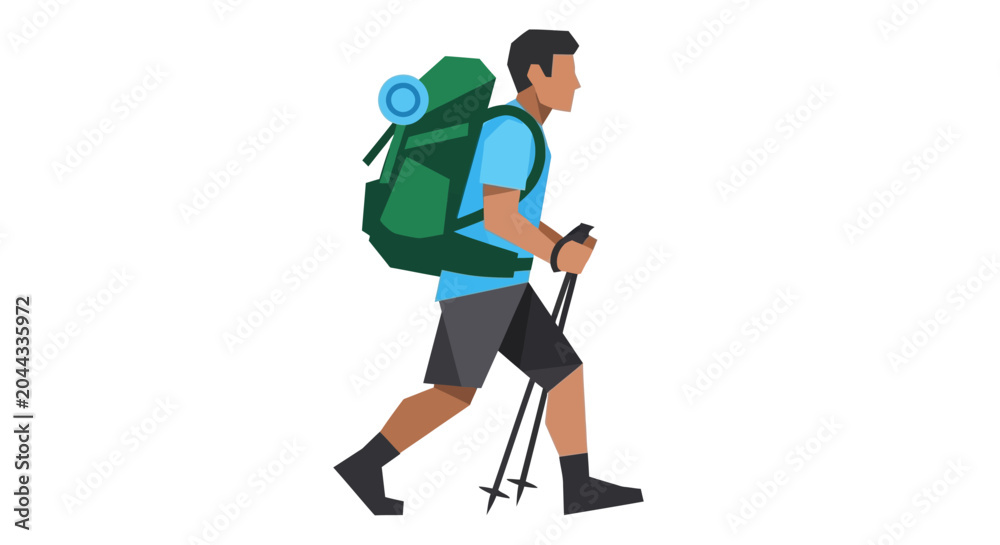 Fototapeta premium Man Hiking with Backpack and Trekking Poles, Vector Illustration