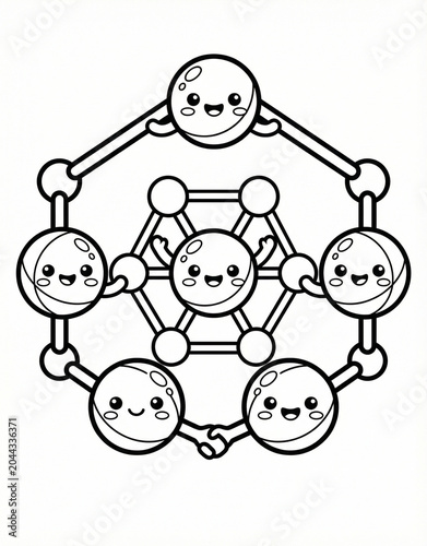 Cute stick-and-ball molecule model mascot with happy atoms holding hands, chemistry science cartoon outline illustration for kids coloring book.
