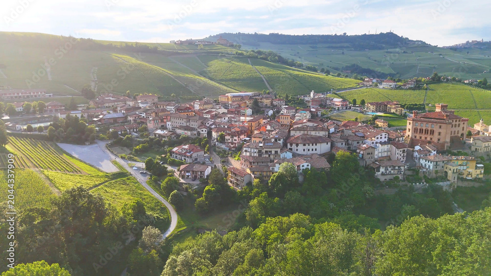 Fototapeta premium Aerial View of Barolo Village and Vineyards in Piedmont Italy