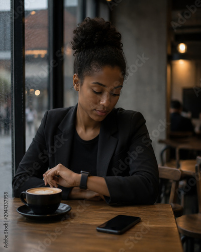 Thoughtful woman checking watch at coffee shop cafe