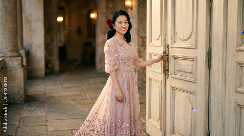 Naklejka premium Woman in pink dress standing by a large ornate door in a hallway