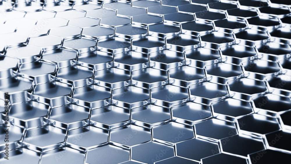 Fototapeta premium Metallic chrome hexagon grid surface in perspective view as a clean 3D render with transparent background, ideal for technology automotive or premium brand visuals