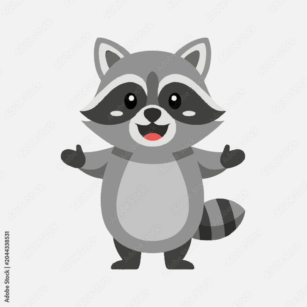 Fototapeta premium Cheerful gray cartoon raccoon character with black mask and rosy tongu