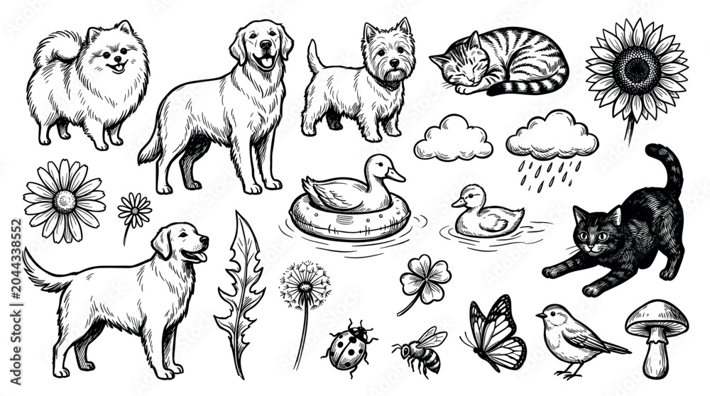 Obraz premium Various hand-drawn black and white illustrations of animals, plants, and nature elements in a classic sketch style on a clean white background